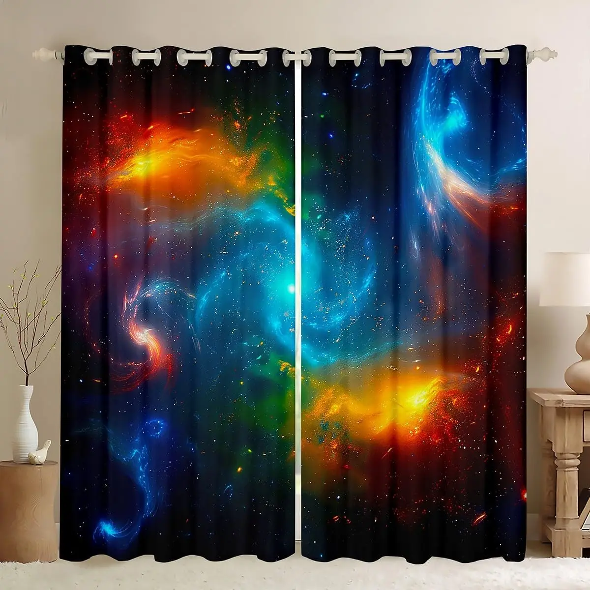 Feelyou Velvet Cosmic Blackout Privacy Grommet Curtains - Colorful Art Print Beautiful Patterns Home Decoration Textile, Smooth Grommets, Galaxy Psychedelic Nebula Astrology Zodiac Solar System Designs, Colorful Curtains, Art Print Curtains