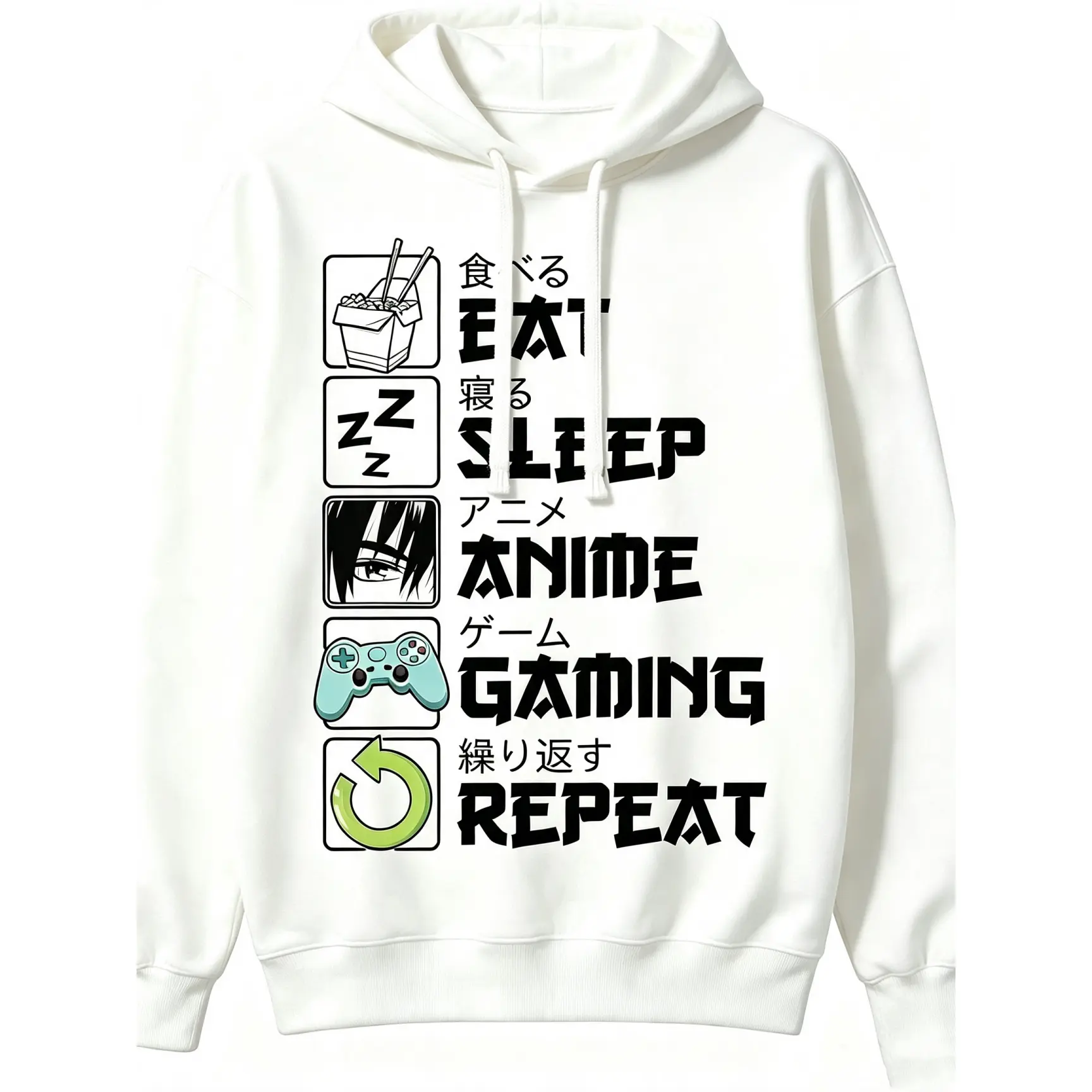 Men’s Long Hooded Sweatshirt - Breathable, Oversized Plus-Size Unisex Couple Pullover with "Eat Sleep Anime Gaming Repeat" Japanese Vintage Kawaii Graphic, Classic Loose Casual Streetwear for Back-to-School