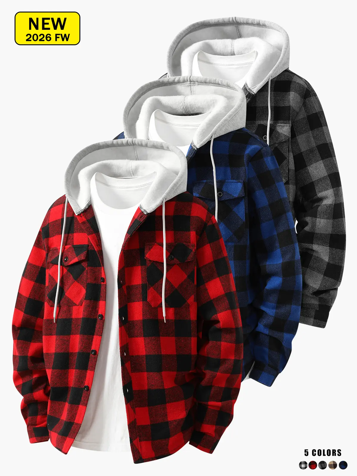 Men’s plaid hooded shirt jacket, long-sleeve shirt jacket with dual chest pockets, loose fit, everyday outerwear for autumn and winter