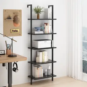 Karl Home 5-Shelf Industrial Ladder Bookcase | Wood Shelves w/ Metal Frame, Dark Walnut