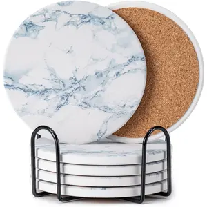 6count Drink Coasters with Holder, Marble Style Ceramic Drink Coaster, Absorbent Coasters Set Suitable for Kinds of Cups, Modern Style Coasters for Coffee Table, 4 Inches