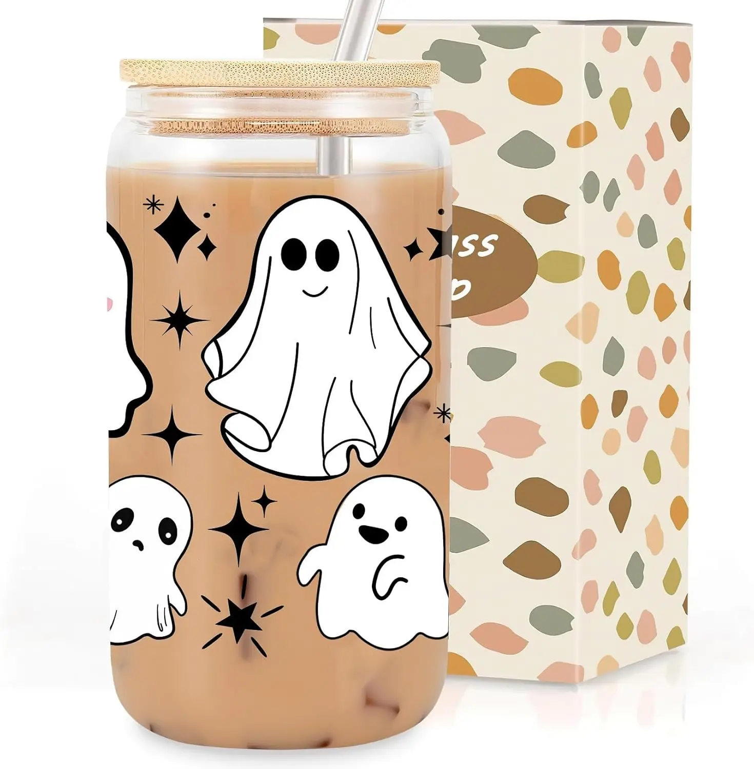16 oz Stainless Steel Bamboo Reusable Halloween Glass Tumbler - Cute Ghost Cup with Lid and Straw, Spooky Kitchenware Drinkware Gift for Women