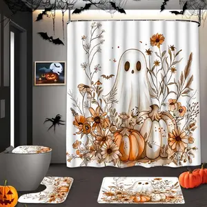 Halloween Ghost Pumpkin Shower Curtain Set, Includes Hooks & Bath Mat, Perfect Bathroom Decor Gift for Home Interior Design