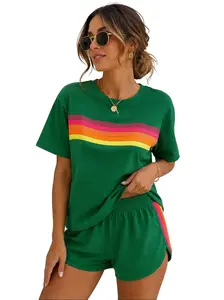 Two-piece women's fashion casual sportswear set, loose and slim-fit with rainbow striped design, perfect for summer, vacations, indoor, and outdoor wear, Womenswear