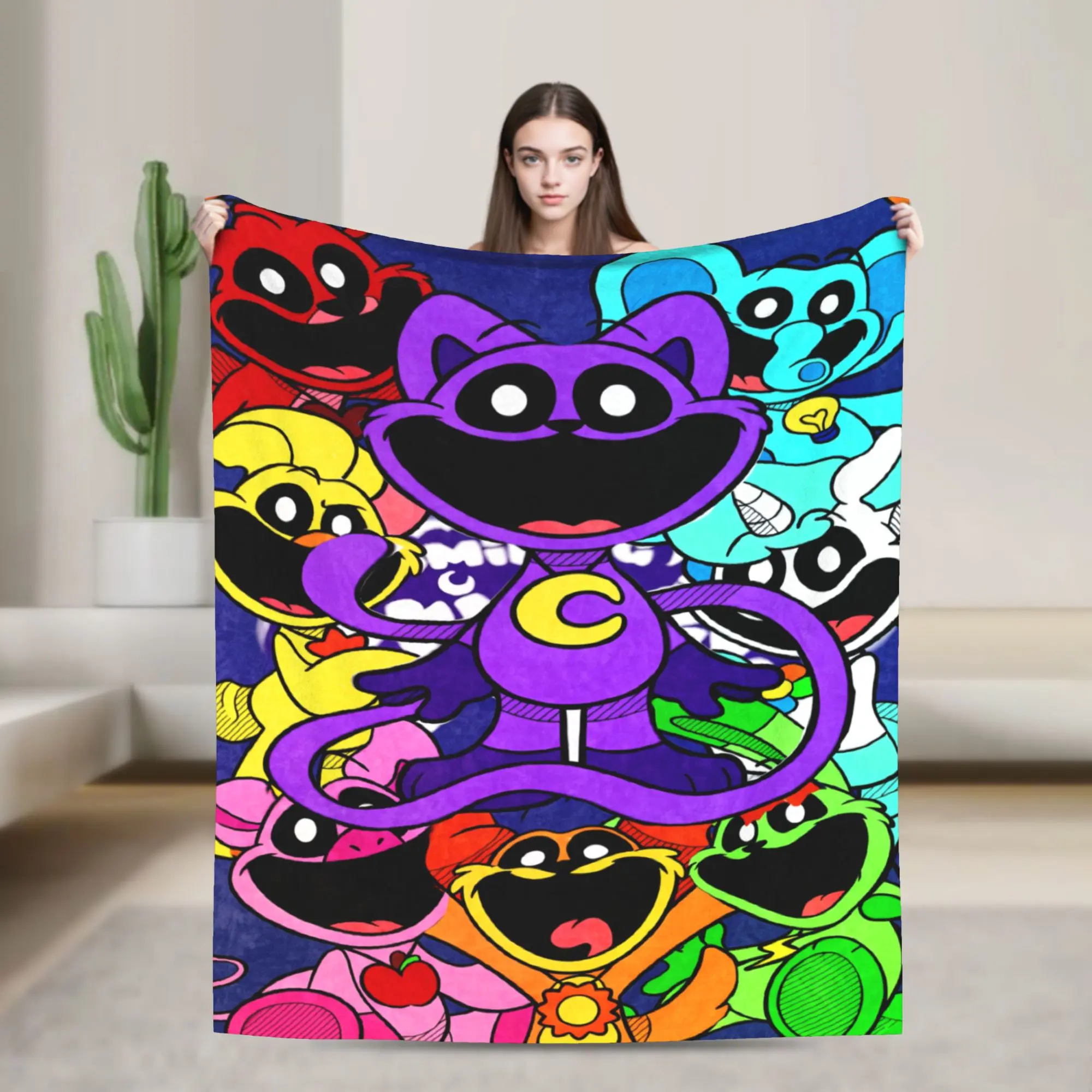 Super Soft Smiling Catnap Throw Blanket Premium Fleece Flannel Blankets Funny Cartoon Bed Blanket Lightweight Warm Bedding & Sofa Decor Multiple Sizes