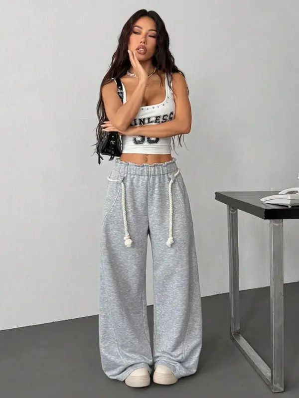 Women's Casual Paper Bag Waist Wide Leg Jogger Pants