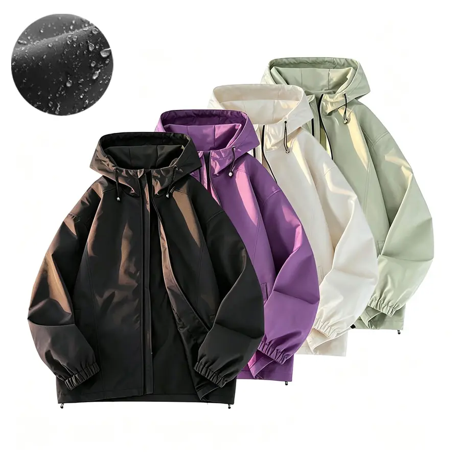 Men’s Loose-Fit Hooded Windproof Waterproof Coat - Long Sleeve Menswear Top, Wear-Resistant, Front Zipper Closure, Solid Color Casual Outerwear, Coats, Tops
