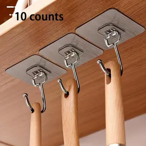 Wall Mounted Hooks, 10/20pcs Punch-free Adhesive Hooks, Transparent Reusable Seamless Hooks, Waterproof & Oilproof Hooks for Bathroom, Kitchen, Closet, Wardrobe, Home Organizer, Versatile Organizer