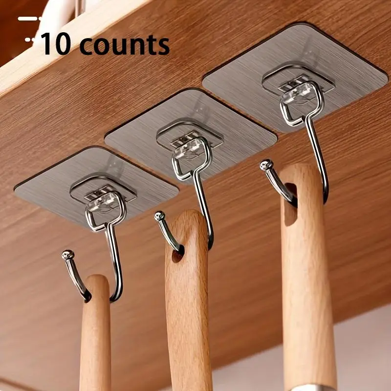 Wall Mounted Hooks, 10/20pcs Punch-free Adhesive Hooks, Transparent Reusable Seamless Hooks, Waterproof & Oilproof Hooks for Bathroom, Kitchen, Closet