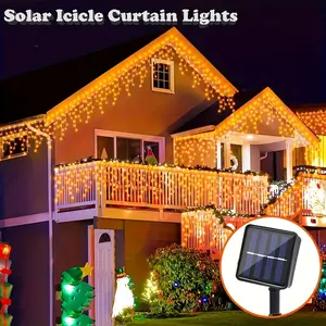 96/162leds Garland LED Curtain Icicle Lights, Festoon Solar Lights Outdoor Droop LED String Lights, Outdoor Garden Street LED Lamp, for Eaves Christmas Decor