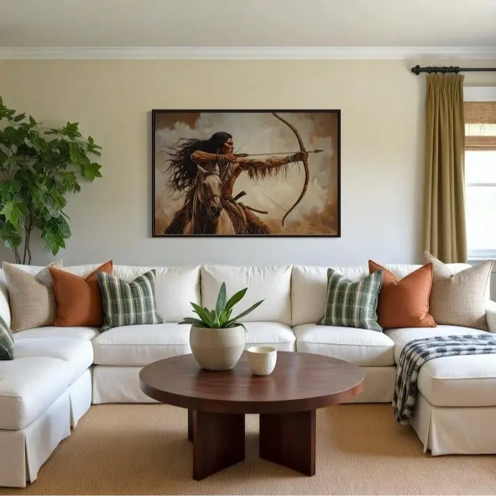 Native Warrior Horse Archer Wall Art, Powerful Western Portrait Poster With Bow And Rustic Desert Tone, Bold Decor For Living Room Office Or Cabin