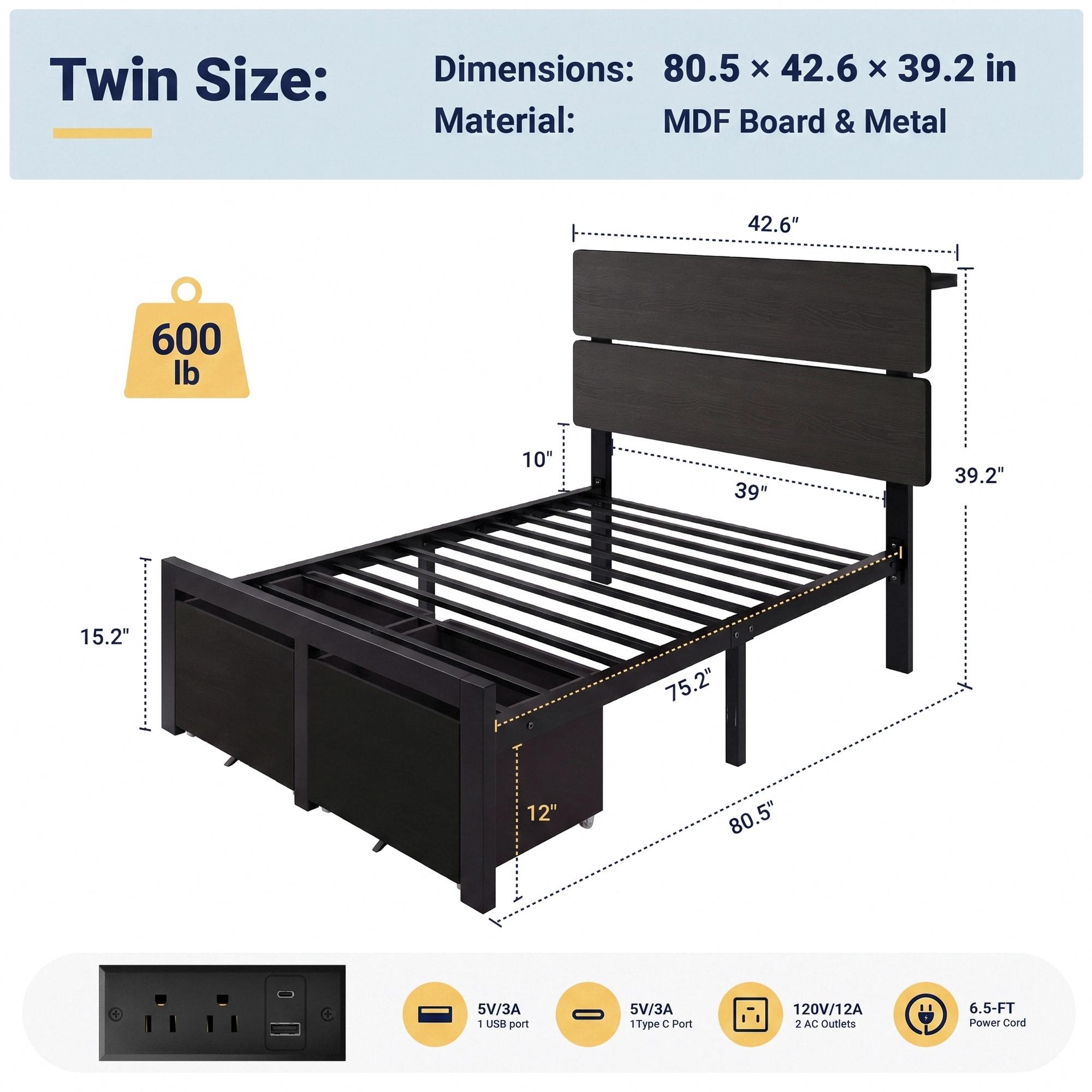 MUTICOR LED Bed Frame with 2 Fabric Storage Drawers, Charging Station & MDF Storage Headboard, Steel Slat Platform Bed with Underbed Storage, No Box Spring Needed