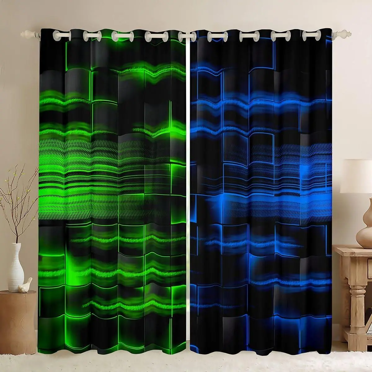 Green Blue Darkening Drapes Geometric Strip Lines Curtains Bedroom Living Room Blackout Curtains Abstract Modern Window Treatments