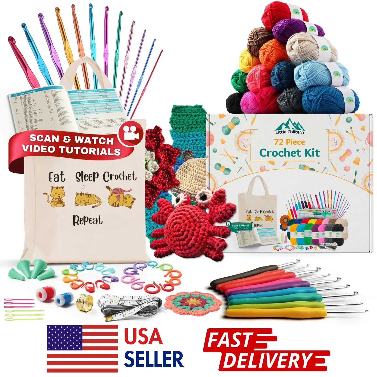 72-Piece Crochet Starter Kit for Beginners - 21 Ergonomic Crochet Hooks, 15 Yarn Colors, All-in-1 DIY Arts & Crafts Set, Handmade Gifts for Adults & Kids