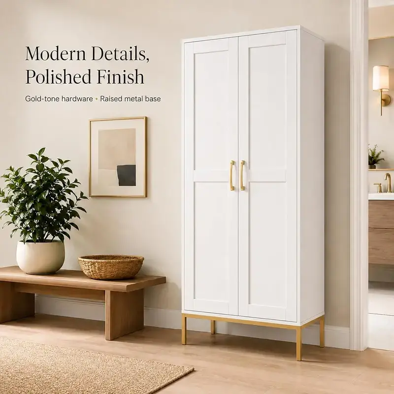 Modern Rectangular Bathroom Storage Cabinet - Freestanding White Linen Finish Cupboard, 2-Door Tall Storage Closet with Gold Hardware, Multi-Purpose Organizer for Bathroom, Laundry Entryway