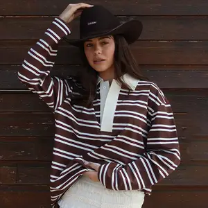 Autumn Loose Striped Polo Collar Long Sleeved Top With Stylish And Casual Design Fashion Womenswear