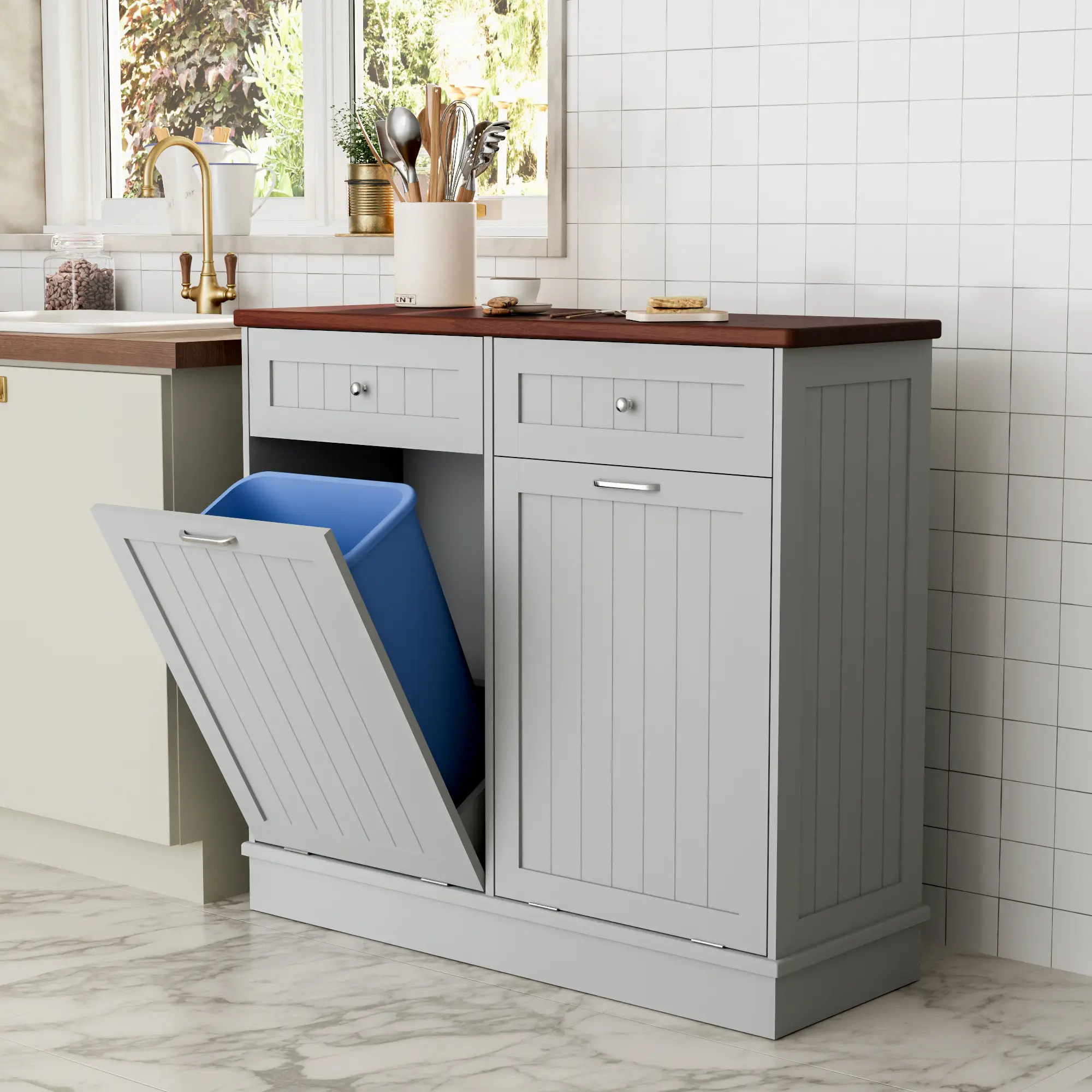 Topwin Minimalist Vertical Grain Double-Door Trash Storage Can Box, Large Storage Waste & Recycling Cabinet with Spacious Interior for Organizing Household Items in Room