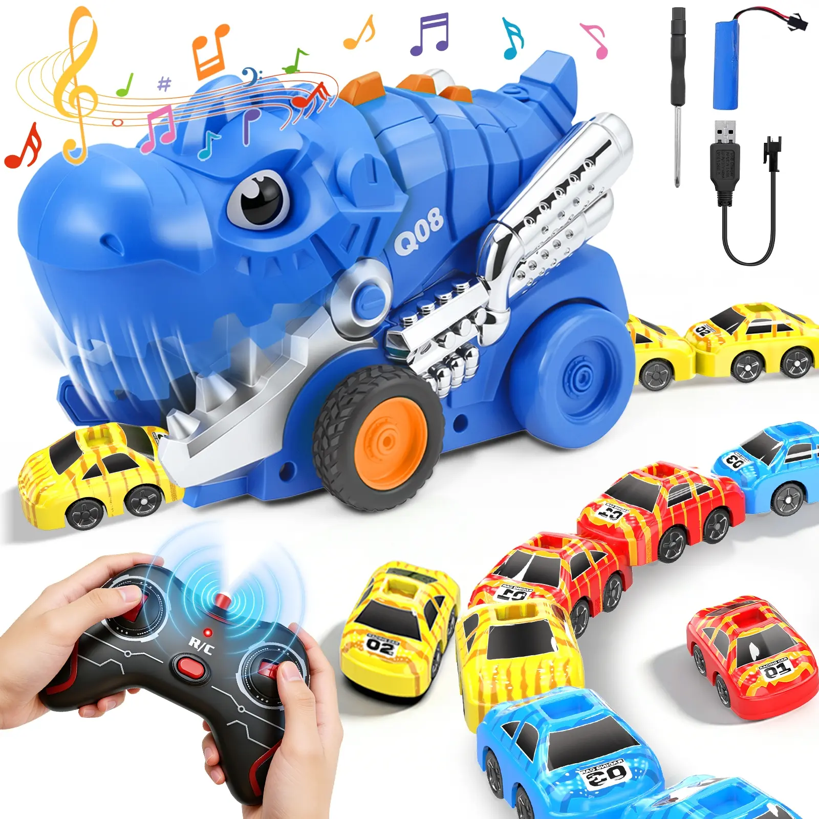 LinseyFun Dinosaur Monster Truck for Kids, Dino Remote Control Car with Magnetic Splicing, 2.4Ghz RC Trucks for Toddlers, Dinosaurs for Boys 3-5, Boys & Girls Dinosaur Toys Gift with Music