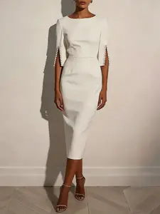 A women's camel-colored, mid-sleeve, boat-neck, figure-hugging, mid-length, slit-spliced pearl-decorated elegant Chic dress, suitable for summer, Formal Party Wear, suitable for formal occasions such as evening parties, business banquets, or weddings.