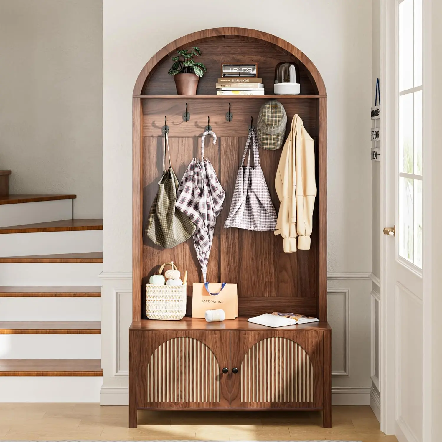 Rustic Farmhouse Hall Tree - Sturdy MDF Wood Entryway Table (39.37x15.74x78.74in, 200lbs Capacity) with 7 Hooks, Adjustable Shelves, Shoe Storage, Self-Standing Coat Rack, Anti-Tip Devices, Walnut Apartment Furniture (Assembly Required), 39.37X15.74x78.74