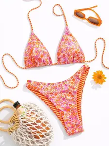 2026 Spring/Summer Fashion Trends; 2026 Spring/Summer Popular Floral Print Bikini Set for Women,  Unique Design, Seductive Fitting, Essential Swimsuit for Beaches and Pools in Summer, Triangle Tops, Bathing Suits 2026,summervibes
