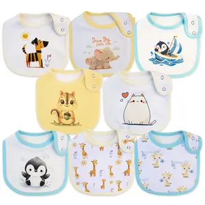 8-Pack Waterproof Baby Bibs for Boys & Girls, Cartoon Print Adjustable Snap Feeding Bib Set, Soft Absorbent Drool & Teething Bibs for Newborns & Toddlers All-Season Use