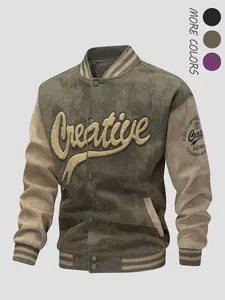 Men's Letter Embroidery Patchwork Button Front Vintage Varsity Jacket, Loose Casual Long Sleeve Mock Neck Casual Style Outerwear for Fall & Winter, Men's Clothes for Daily Wear