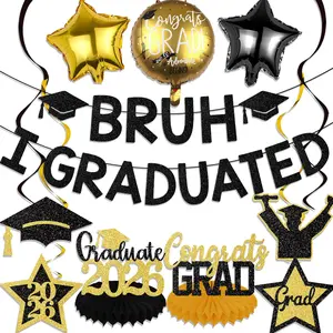 2026 Graduation Decorations - "BRUH I GRADUATED" Glitter Banner with Gold & Black Foil Balloons, Grad Cap Honeycomb Centerpieces for High School College Grad Party Supplies