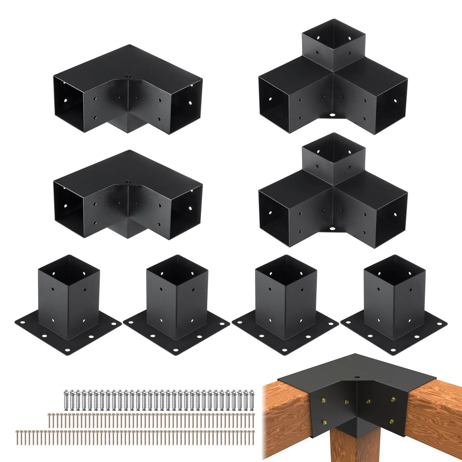 VEVOR Pergola Bracket Kit 4''x4'',  , 8pcs 3-Way Heavy Duty Corner Bracket Woodworks DIY Post Base Kit, Easy Installation Wooden Beams for Gazebos, Patio Pergolas, Log Cabin Outdoor Pergola Hardware#BackToSchool
