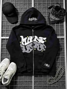 Y2K Retro Star And Letter Printed Full zipper Hoodies，Spring Autumn Harajuku Women And Men Fashion Hip Hop Long Sleeve Hooded ，Avant-Garde - Street Casual Spring/Fall Loose Zipper Pocket Patched，Autumn and Winter Gothic Coat preppy style