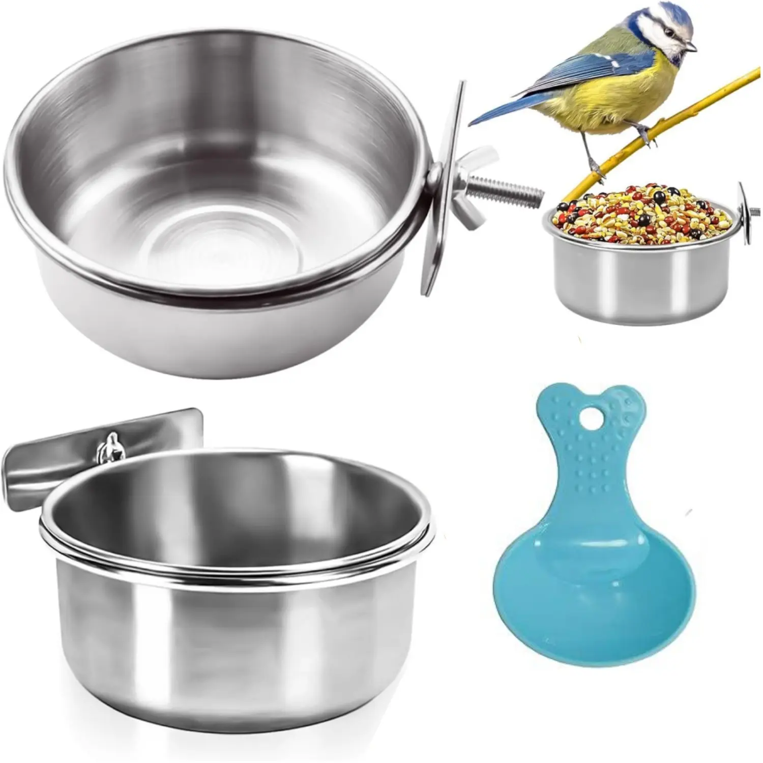 2 Pack Bird Feeding Bowls Cups Parrot Food Water Dishes, Stainless Steel Bird Bowl Cup Dish with Clamp, Birdcage Feeder Pet Cage Bowls for Cockatiel Budgie Conure Macaw Parakeet Small Animal - Home Improvement.
