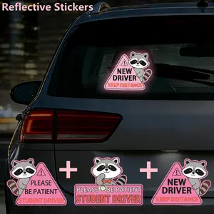 3pcs/1 Set Driver or Student Driver Keep Distance Cute Raccoon Reflective Car Stickers, Automotive Decals, High Strength Night Driving Safety Warning Car Decals, Self-Adhesive Cartoon Animal Stickers