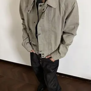 Men’s retro distressed deconstructed patchwork jacket with airplane buckle detail—casual short coat, stylish streetwear, vintage denim feel, US sizing, for everyday wear.