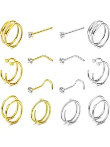 20Pcs 22G 20G Steel Nose Rings Hoop Nose Studs CZ Tragus Cartilage Earrings Gold Silver L Shaped Screw Nose Bone Double Nose Hoop Ring Body Piercing Jewelry 1.5mm 2mm 2.5mm CZ