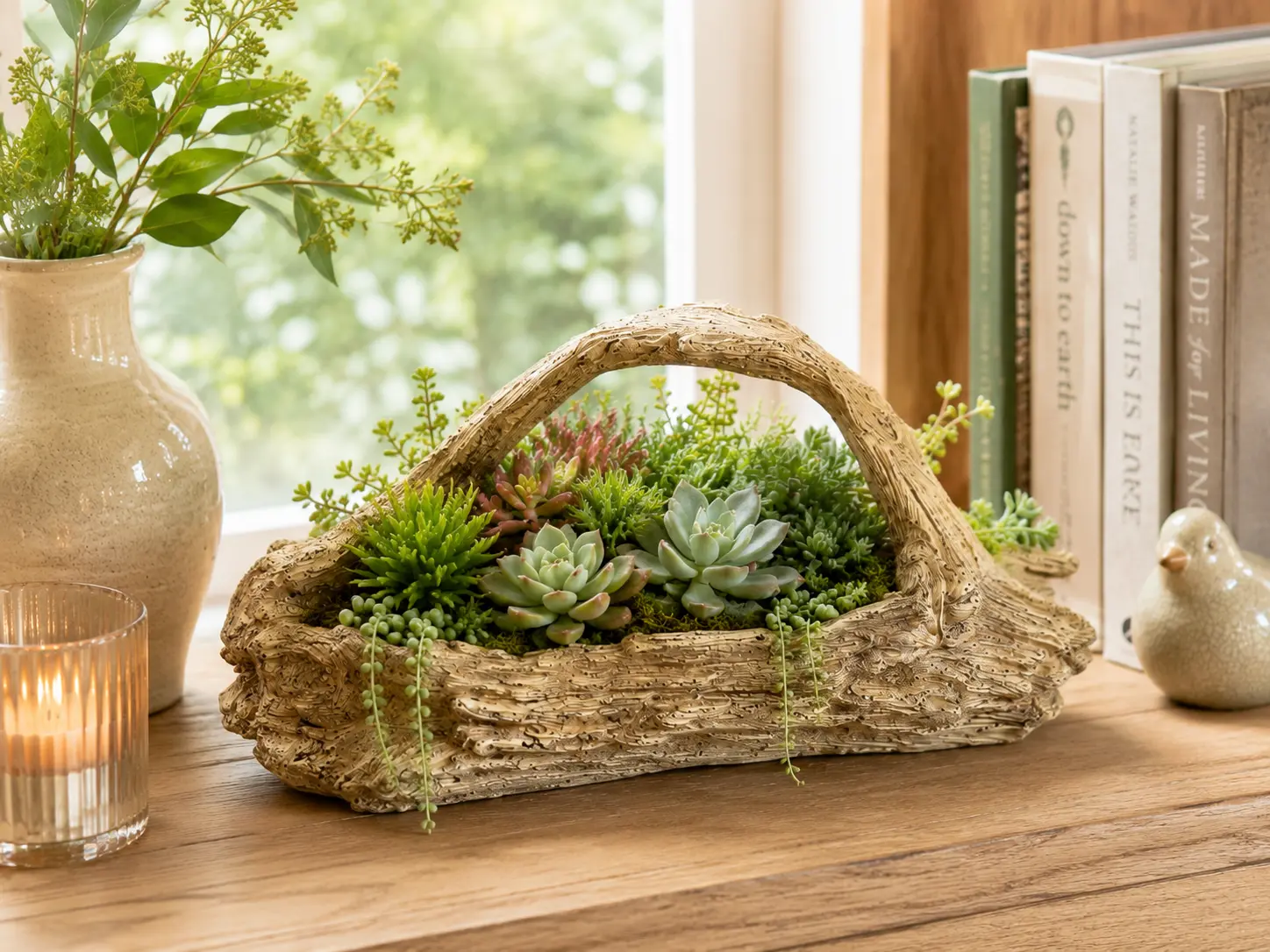 Rustic Tree Root Succulent Planter - Faux Wood Log Basket with Handle, Resin Plant Pot for Succulents & Air Plants (12.2" x 4.7" x 4.7", 1.46lb)