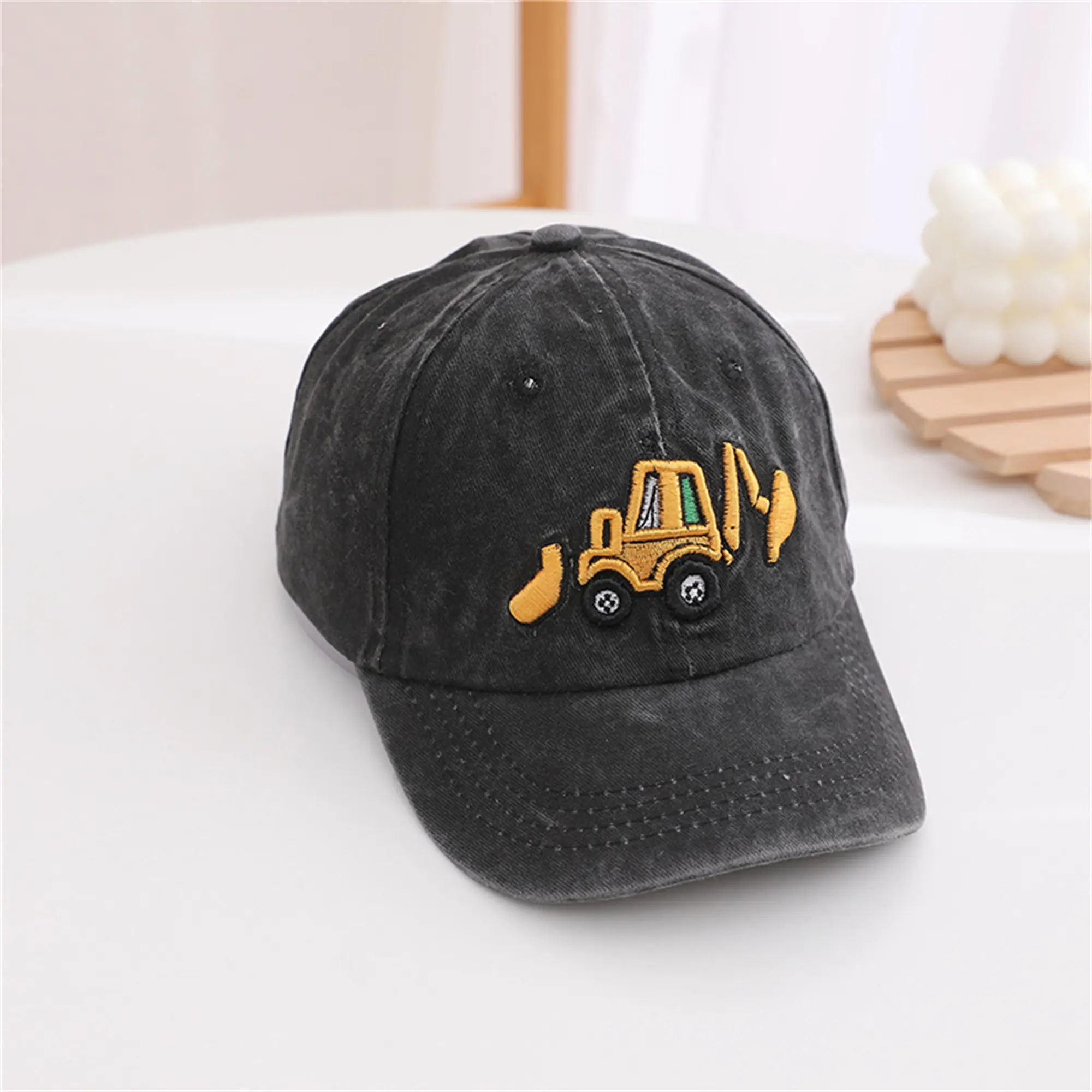 Toddler Washed Cotton Baseball Hat with Excavator Embroidery - Adjustable Retro Style for Boys & Girls, Birthday Gift, Cotton Snapback, Embroidered Caps, Adjustable Snap, Baseball Cap, Retro Look, Snapback Cap