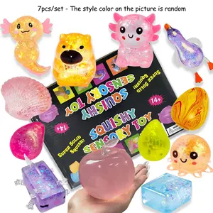 Blind Box Random Color Style Creative Stress Relieving Sensory Toy Set, 7-Piece Set Sensory Stress Squeezing Toy, Soothing Anxiety, Dreamy Water Drop/Octopus/Shell/Amphibious Soft Shell Toy Ball