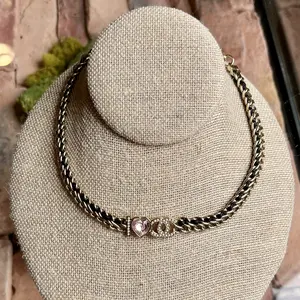 Pre-owned CHANEL Metal Lambskin Crystal I Heart CC Choker Necklace