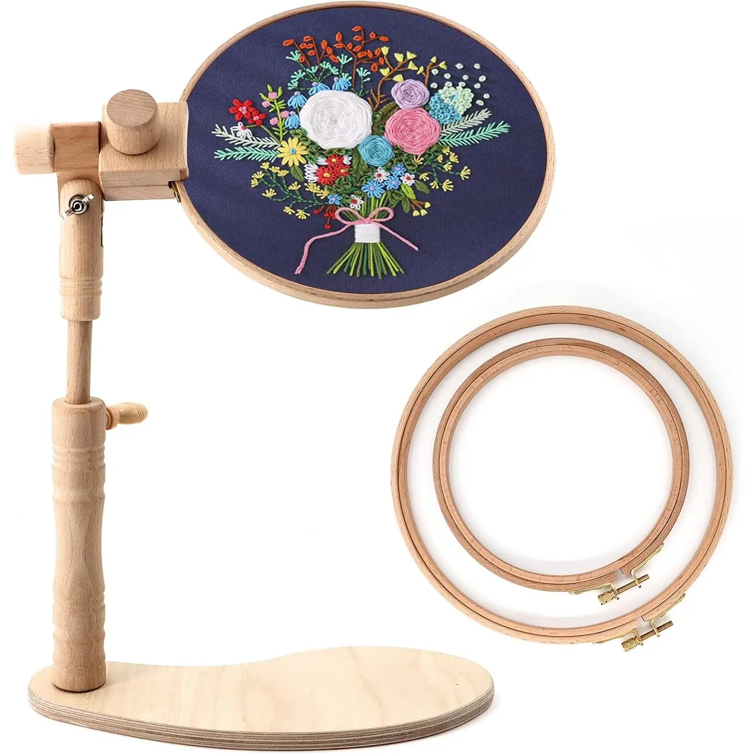 Beech  Adjustable Rotated Embroidery Hoop Stand with 2 count 6'' 8'' Embroidery Hoops, Wooden Embroidery Stand, Embroidery Hoop Holder for Cross Stitch and Embroidery Project (A)