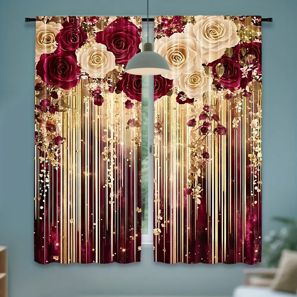 2-Piece set, crimson and gold rose floral pattern curtains, Window Drapes, Window decorations, Interior decoration accessories, modern style, rod bag design, translucent, suitable for home decor, holiday and art decoration