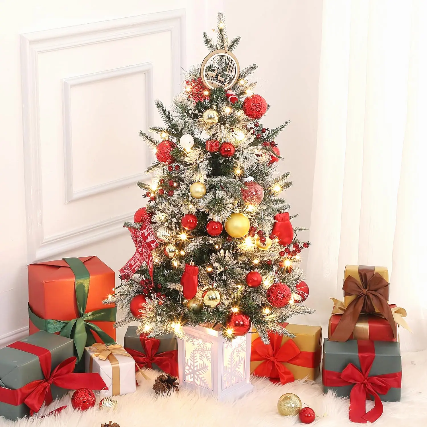 3FT Multi-Base Pre-Lit Fiber Optic Artificial Christmas Tree - 78 Warm White LED Lights, Red Berries Decoration, Mini Tabletop Xmas Tree for Holiday Decoration