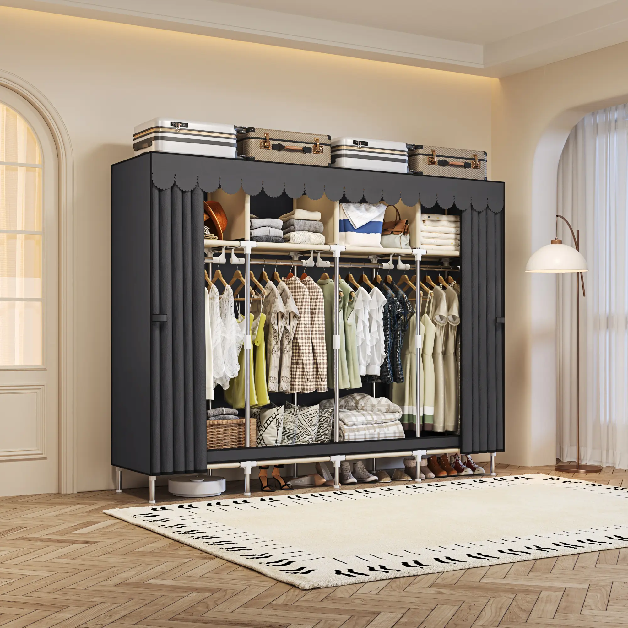 Large Portable Wardrobe Closet with Sliding Curtain, Clothes Organizer with Hanging Rod & Storage Shelves