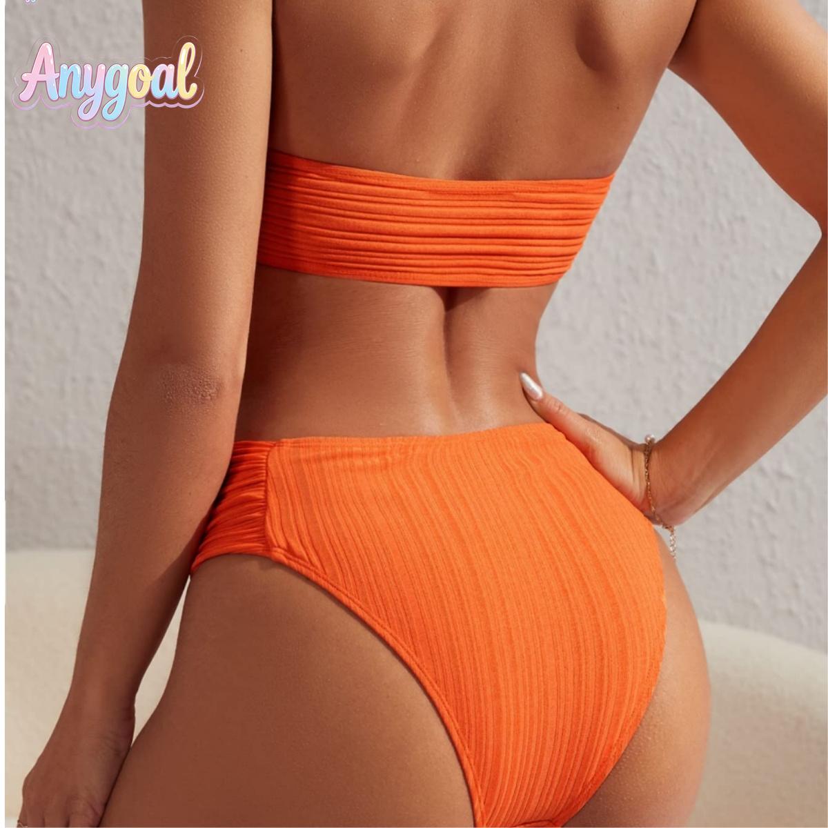 ANYGOAL Women Bandeau High Waisted Bikini Sets Smocked Swimsuit Strapless Two Piece Bathing Suit swimsuits 2026 women tankini swimsuits bathing suits flattering fortummy summer swimwear