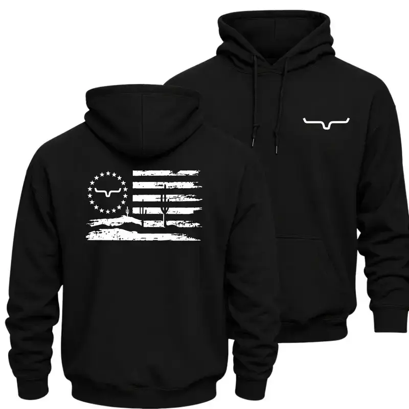 Kimes Ranch American Flag Western Hoodie, Longhorn Desert Graphic Pullover, Front and Back Print Unisex Cowboy Apparel, Gift for Men and Women, Rodeo Ranch Country Western Hoodie