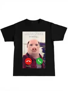 Funny Pig Phone Call T-Shirt with Humorous Print, Casual Fitted Tee for Young Men, Perfect for Home Wear & Friend Gatherings