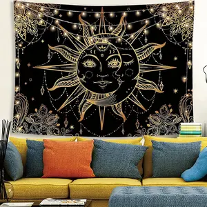 Boho Chic Tree of Life Tapestry with Sun and Moon Design - Black Background with Golden Floral and Mandala Patterns, Peach Skin Velvet Wall Hanging for Living Room, Bedroom, Dorm Decor - Perfect Housewarming Gift, Living Room Decoration |     Mandala