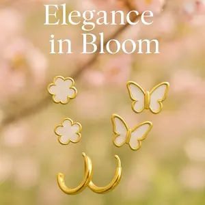 Stainless Steel White Butterfly Set - Gold Hoop Earrings & Flower Studs for Snack Wear