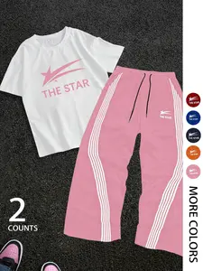 Two-Piece Set Men's Letter Print Short Sleeve Tee & Tracksuit Legging Set, Regular Fit Round Neck T-shirt & Striped Print Pants, Casual Fashion Breathable Men Two-piece for Gym Workout Running Sweat Suit Set Sporty Style Clothes