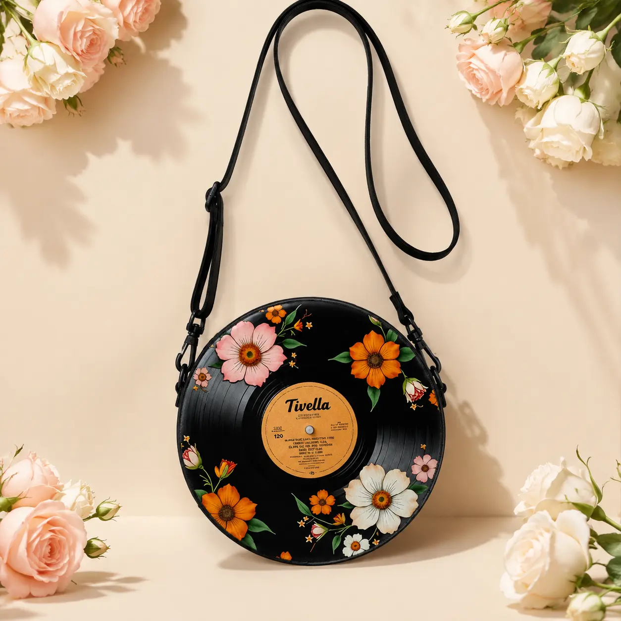 Nostalgic Vintage Vinyl Record Handbag - Hand-Painted Floral Crossbody Bags for Women, Luxury House Chain Design, Unique Statement Accessory, Perfect Music Lover Gift, Black Slouchy Tote for Travel Use
