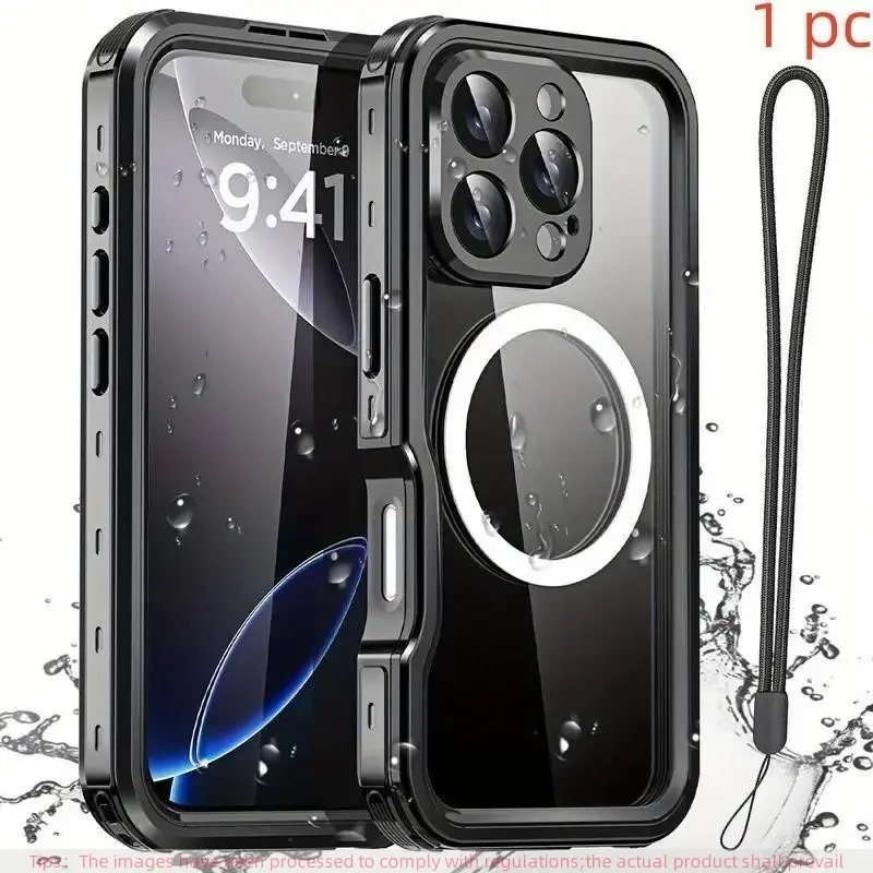 Magnetic Waterproof Phone Case with Lanyard, Shockproof Phone Protective Cover, Drop Proof Cover, Phone Accessories Compatible with iPhone 16 Pro Max 16 Plus Casing